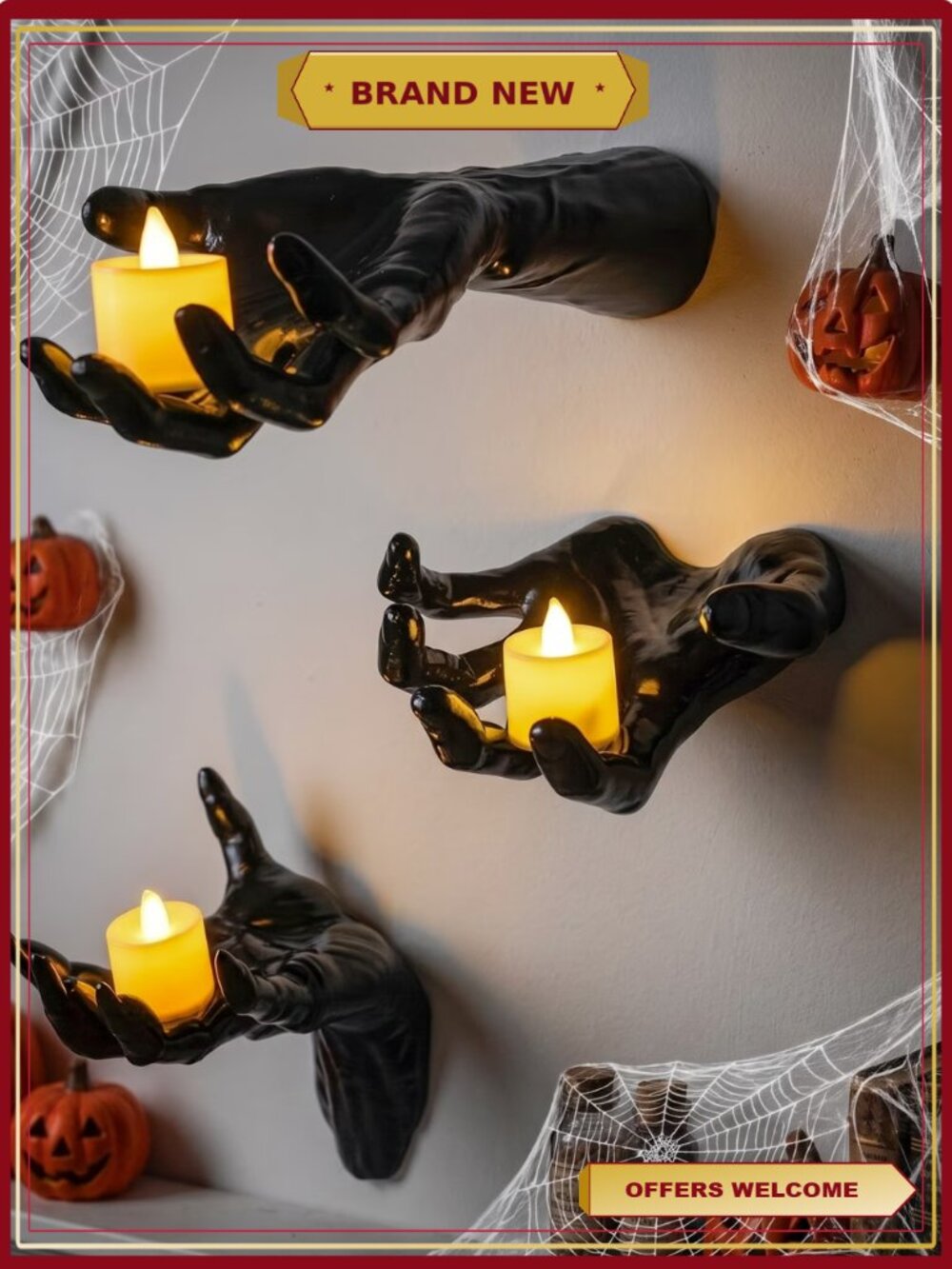 Halloween Ghost Hands Decor with LED Candles Wall Mountable Gothic Set